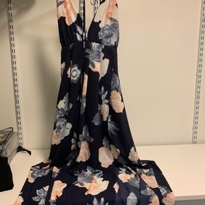 Womens navy blue floral backless maxi dress backless